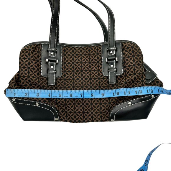 Relic Brown Geometric Pattern Handbag Black Faux Leather Trim Double Handles - Picture 11 of 12